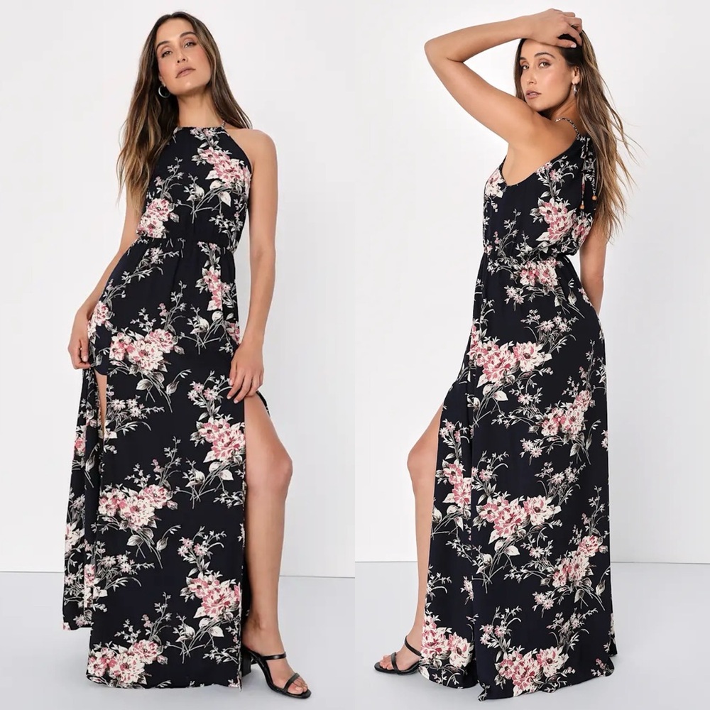 Lulus | Feel the Music Midnight Blue Floral Print Maxi Dress
